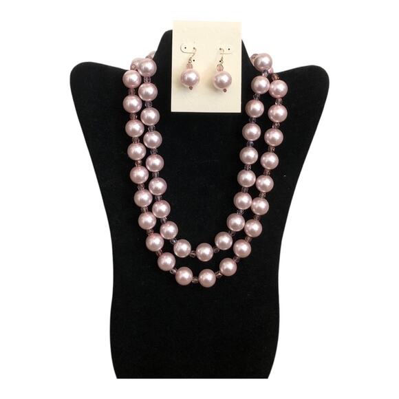 Handmade Light Pink Pearl Like Beads Long Necklace Matching Dangle Earrings Set - Picture 1 of 10